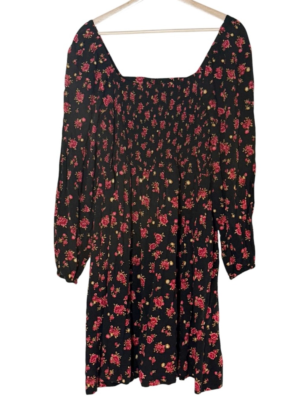 Old Navy Floral Smocked Long Puff Sleeve Square neck Dress Size XL Black Red - Picture 4 of 13